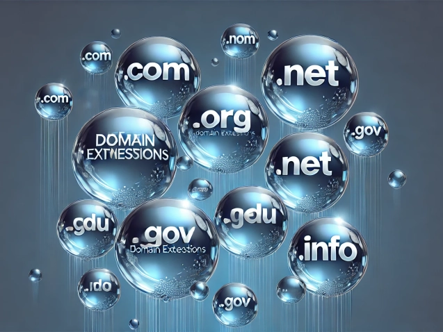 DALL·E 2024-06-26 14.51.23 - Clear and sharp bubbles floating up with different domain extensions for marketing purposes. Each bubble displays a different domain extension (.com,