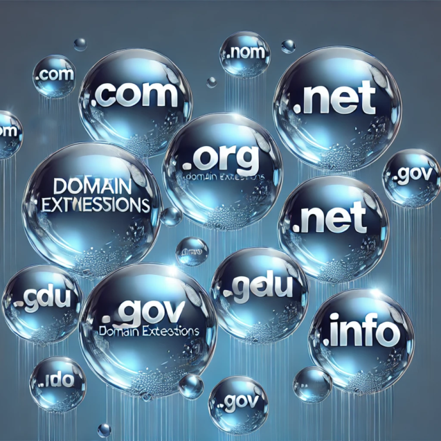 DALL·E 2024-06-26 14.51.23 - Clear and sharp bubbles floating up with different domain extensions for marketing purposes. Each bubble displays a different domain extension (.com,